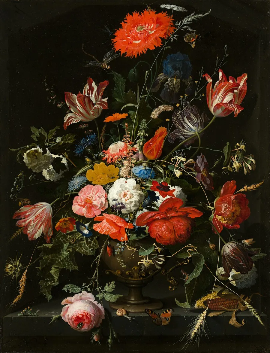 Classical floral still life with bright flowers against a dark background
