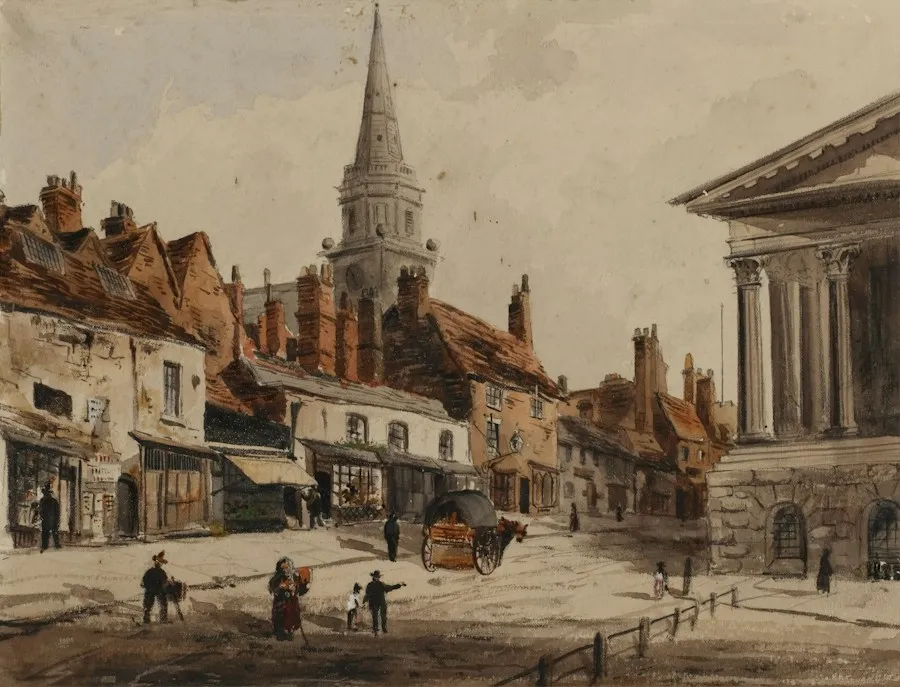 Watercolor townscape with old buildings and a church spire